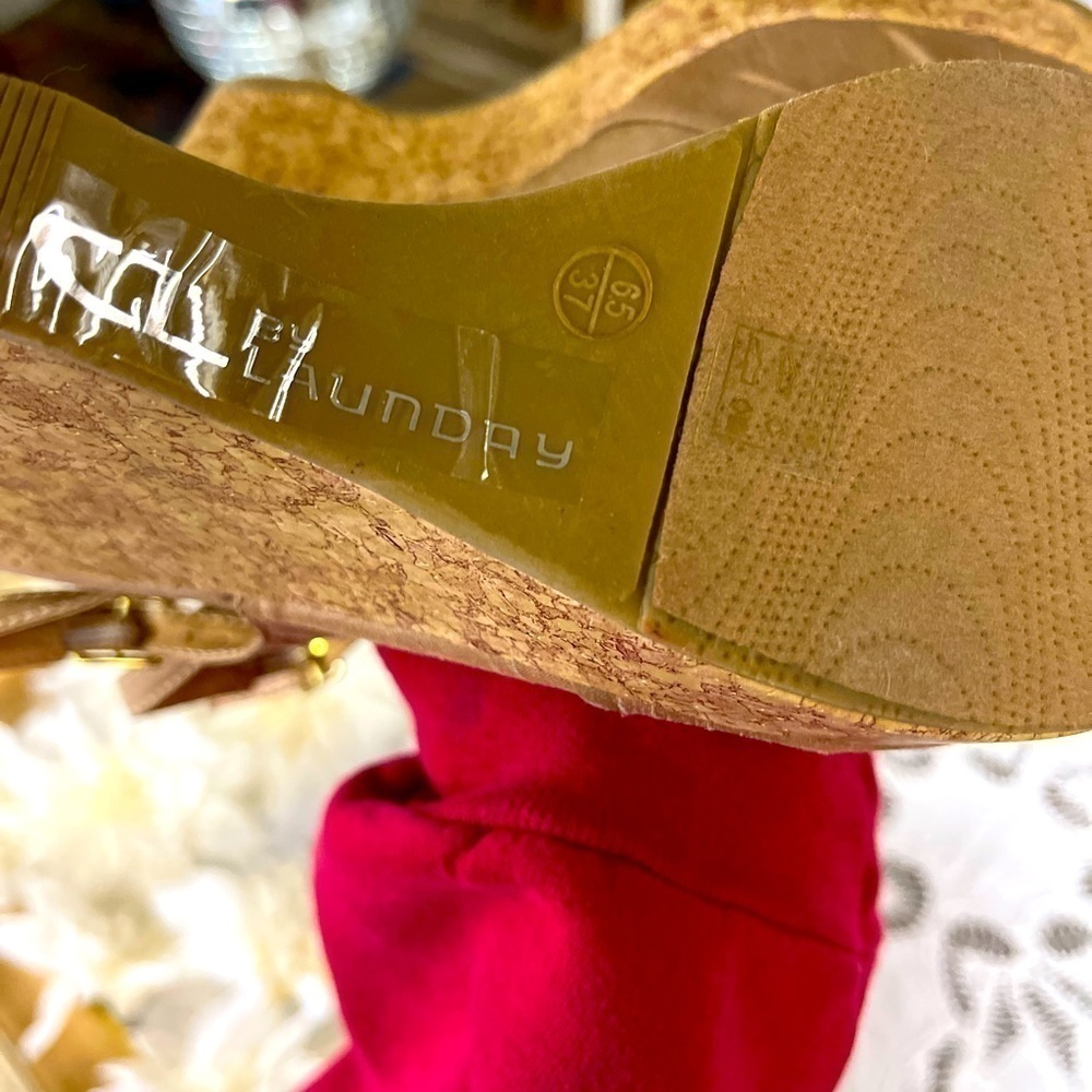 CHINESE LAUNDRY RAW SILK AND CORK PLATFORM WEDGE SANDALS - Picture 6 of 7